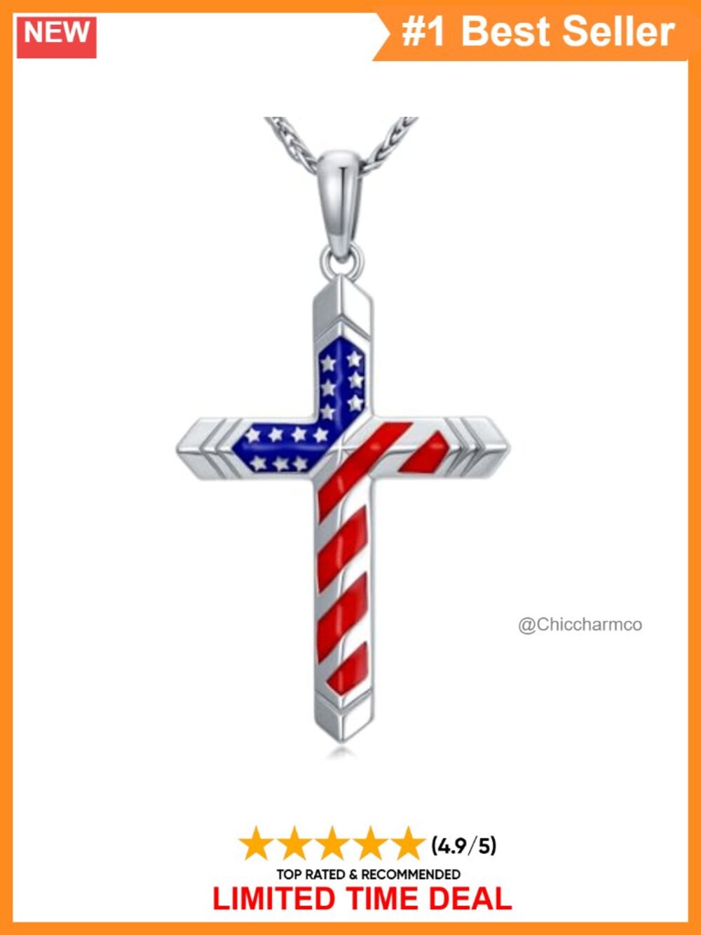 925 Sterling Silver American Flag Cross Necklace Pendant Patriotic Jewelry